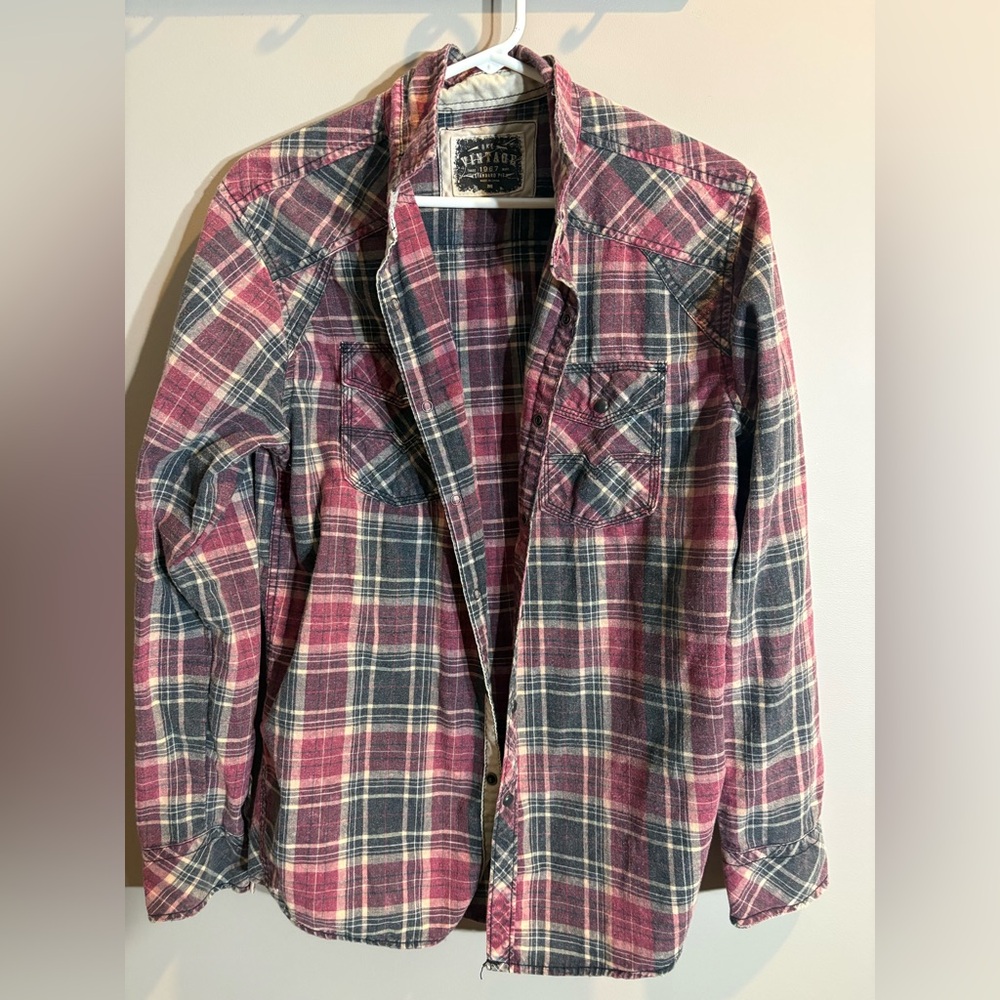 BKE Men's Plaid Button-Down Shirt in Pink and Navy
